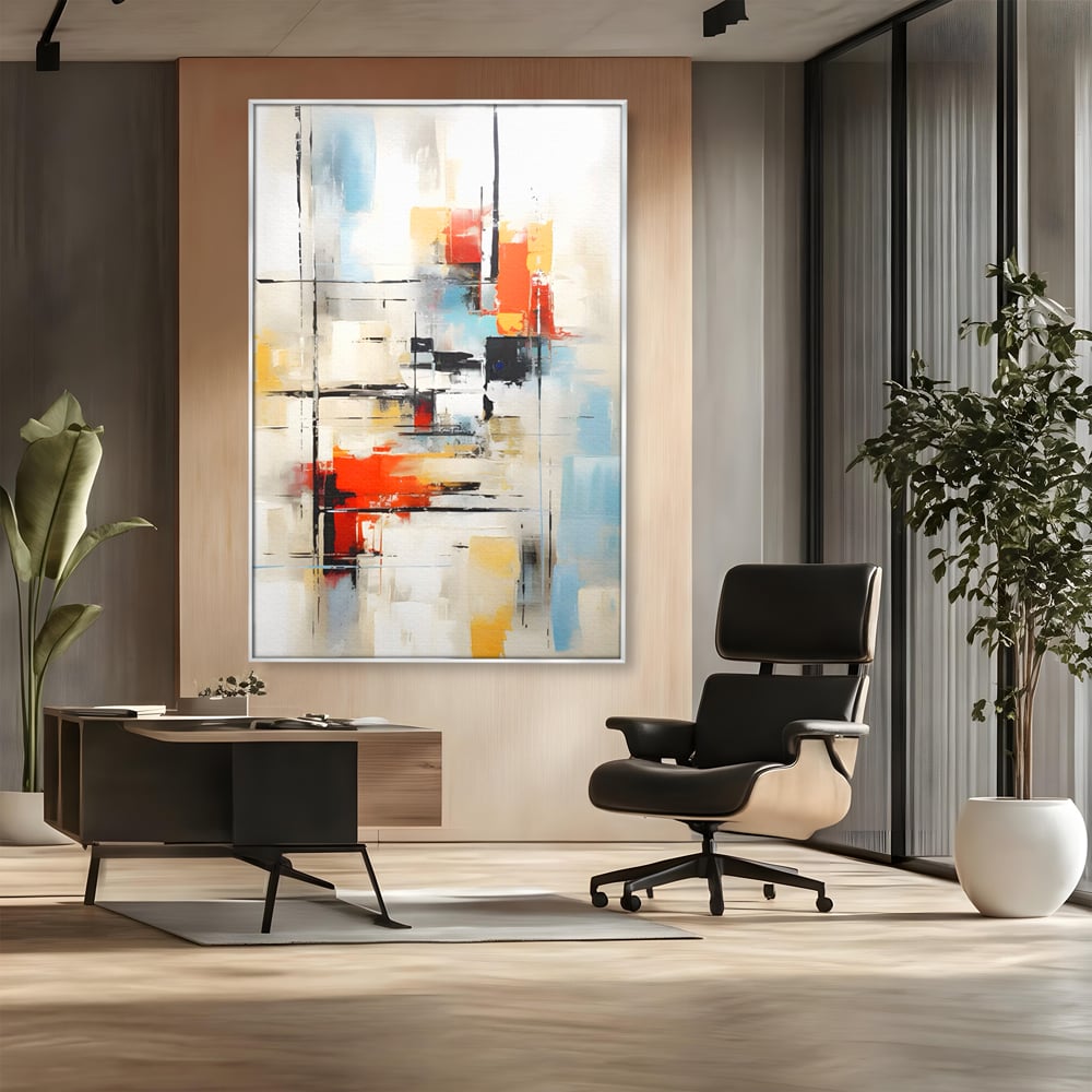 Tablou canvas cu pictura abstracta cu linii si pete, in rama de aluminiu argintiu, pe perete intr-un birou